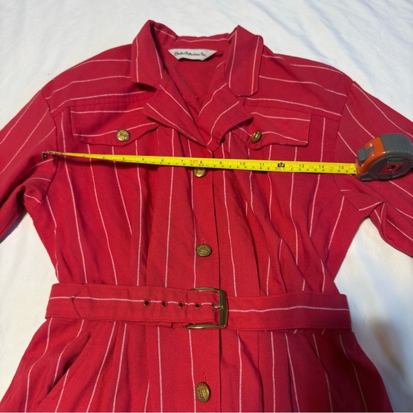 70s Red Pinstripe Belted Shirt Dress Gold Buttons Vintage Size m - Picture 5 of 6
